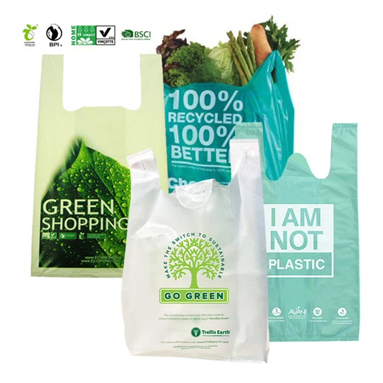 Экологически чистый биоразлагаемый пакет для покупок в продуктовых магазинах с индивидуальным принтом, биоразлагаемый пластиковый пакет для футболок на основе растений с логотипом