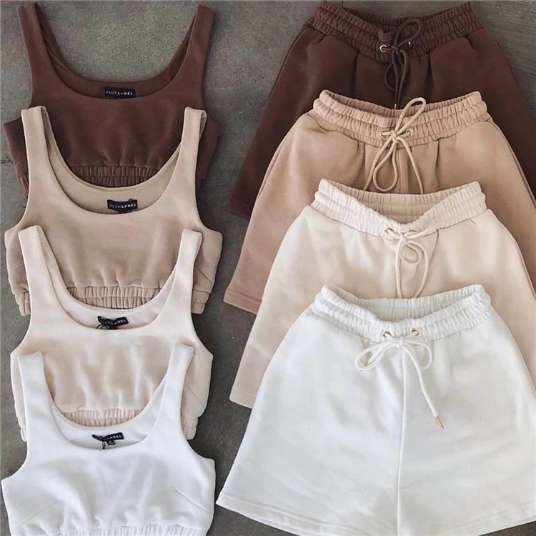 Summer Designer Cotton Crop Top Bra And Biker Pocket Shorts Matching Outfit Active Jogging Suits Two Piece Short Sets For Women