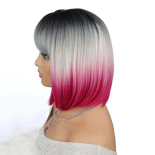 Wholesale Wigs Women Bangs BOB Black Gray Purple Colors Gradient Synthetic  High Temperature Wire Wig Headgear Wigs