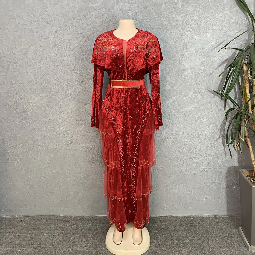 2022 New Arrival Rhinestone Evening Party Dresses Fashion O Neck African Dresses For Women Velvet Stretch Maxi Dress With Belt
