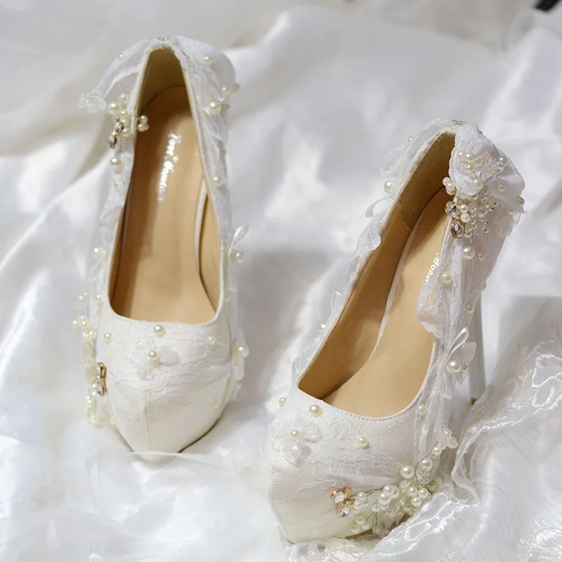 Elegant Floral Pointed Toe Block Heels Suede Woman Ladies Platform Pumps Wedding Party Shoes