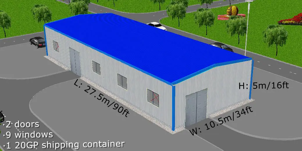 Building Size 27.5mx10.5mx5.0m(eave height) Steel Structure Shed Storage Garage Hangar Warehouse Workshop Building