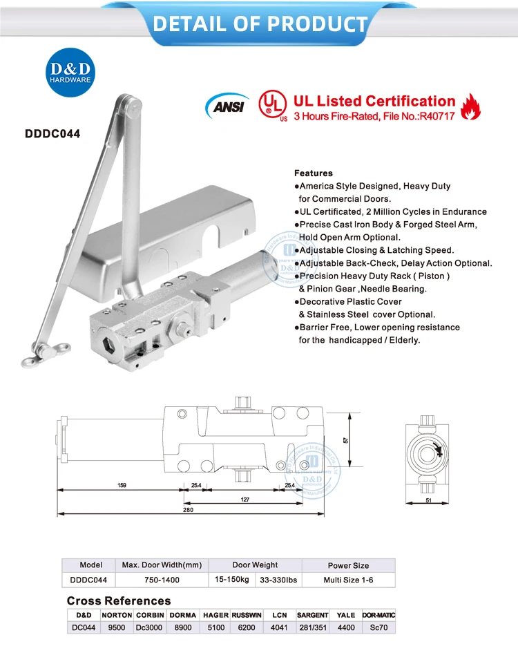 Heavy Duty UL Listed Automatic Cast Iron Body Low Opening Resistance Door Closer 15-150 KG 180 Degree 1400mm