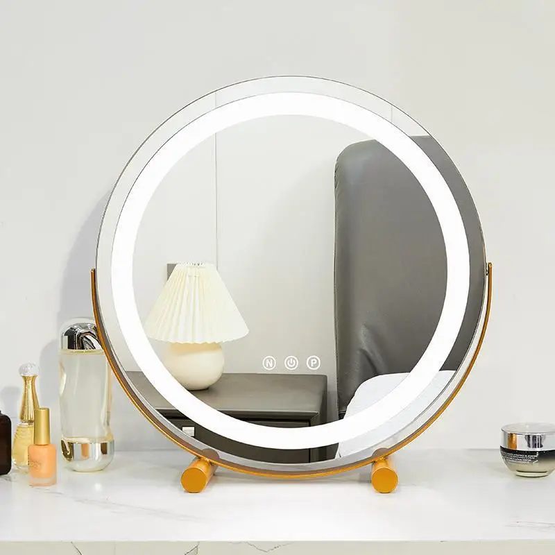 360 rotation table led light vanity mirror desktop metal round make up vanity set with mirror
