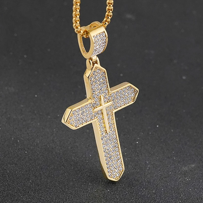 hiphop gothic stainless steel gold plated crystal diamond stone cross necklace jewelry for men wholesale mens jewelry