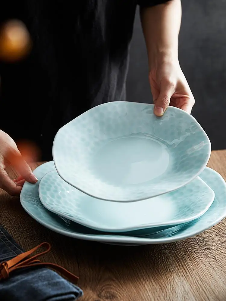 
10-inch Chinese ceramic irregular Light blue ceramic plate deep disc Western Tableware Food dish 