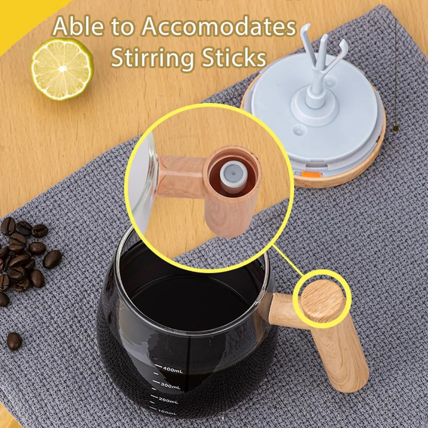 Capacity Scale 400ml Automatic Portable Electric Coffee Tea Milk Cocoa Mixer Cup  Magnetic Self Wooden Design Glass Stirring Mug