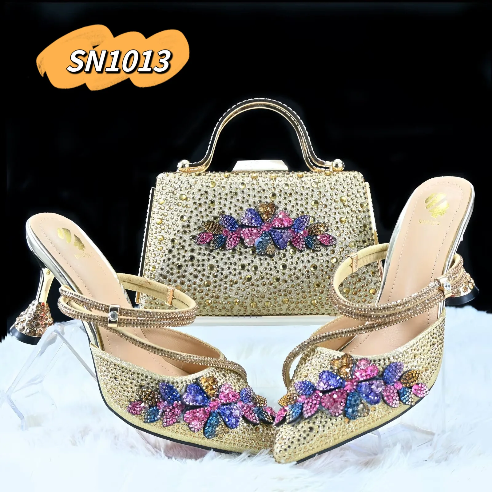 2025 Rhinestone Evening Matching Shoe and Bag Set Orange Matching Clutch Bag Woman Nigeria