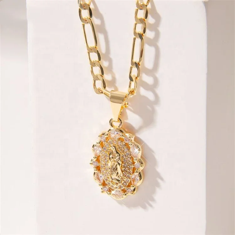 New Products Fashion Jewelry 14K Gold Plated Virgin Mary Saint Pendant CZ Zirconia Stone Religious Pendants Necklace