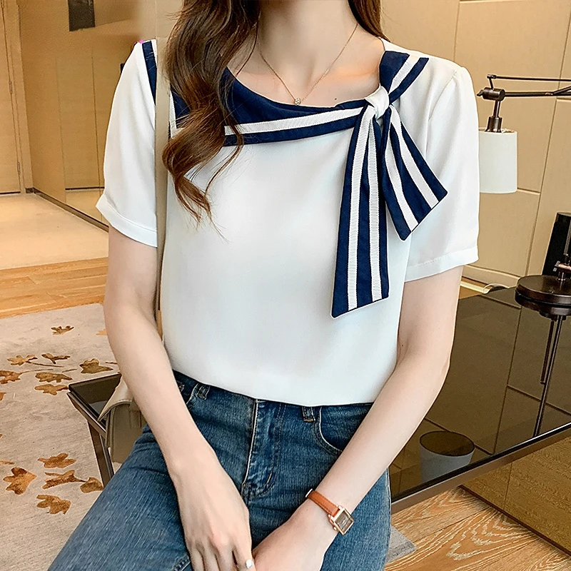 Dark Blue White Sailor Collar Fashion Korean Summer Chiffon Casual Blouse for Women Campus Office Lady Tops