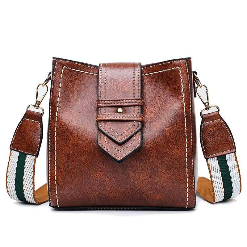 Ladies Vintage Retro PU Leather Wide Striped Strap Arrow Shape Belt Decor Messenger Crossbody Shoulder Bags for Women