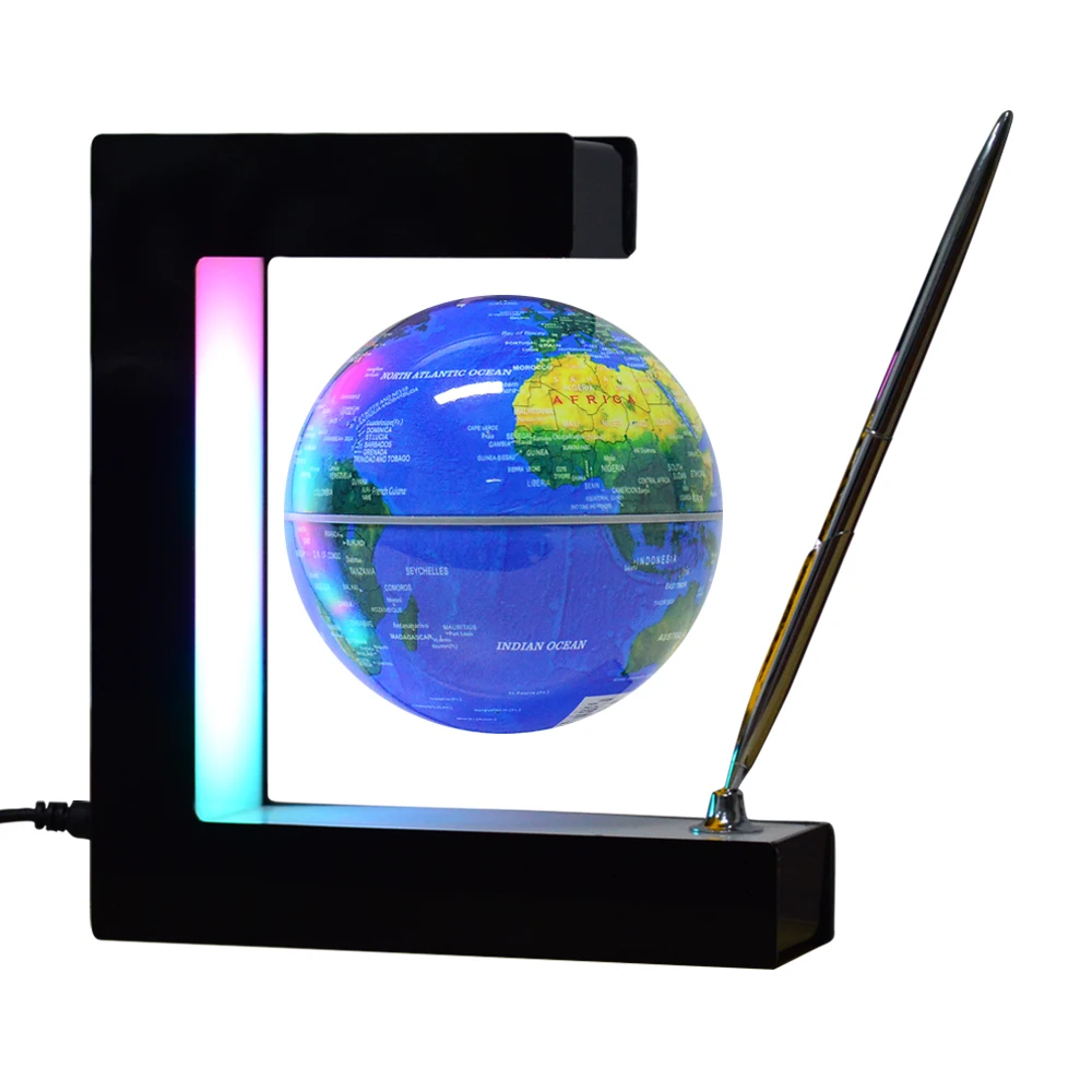New E shape magnetic floating and rotating 106mm globe with decorative pen