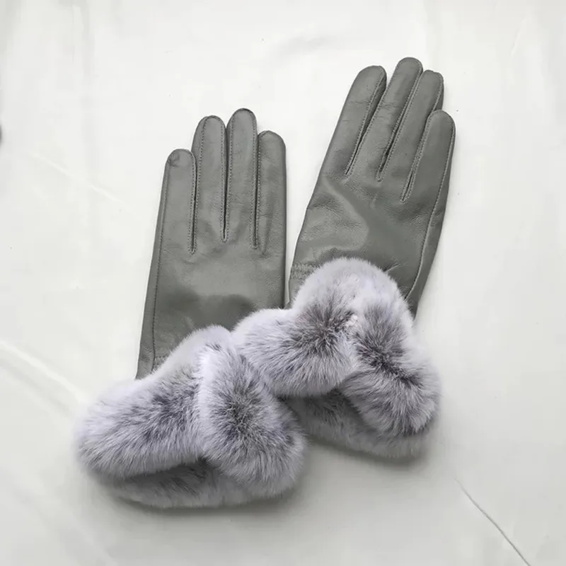Новая коллекция зимние перчатки из натуральной кожи модные манжеты меха кролика Рекс Женские овечьей шерсти с