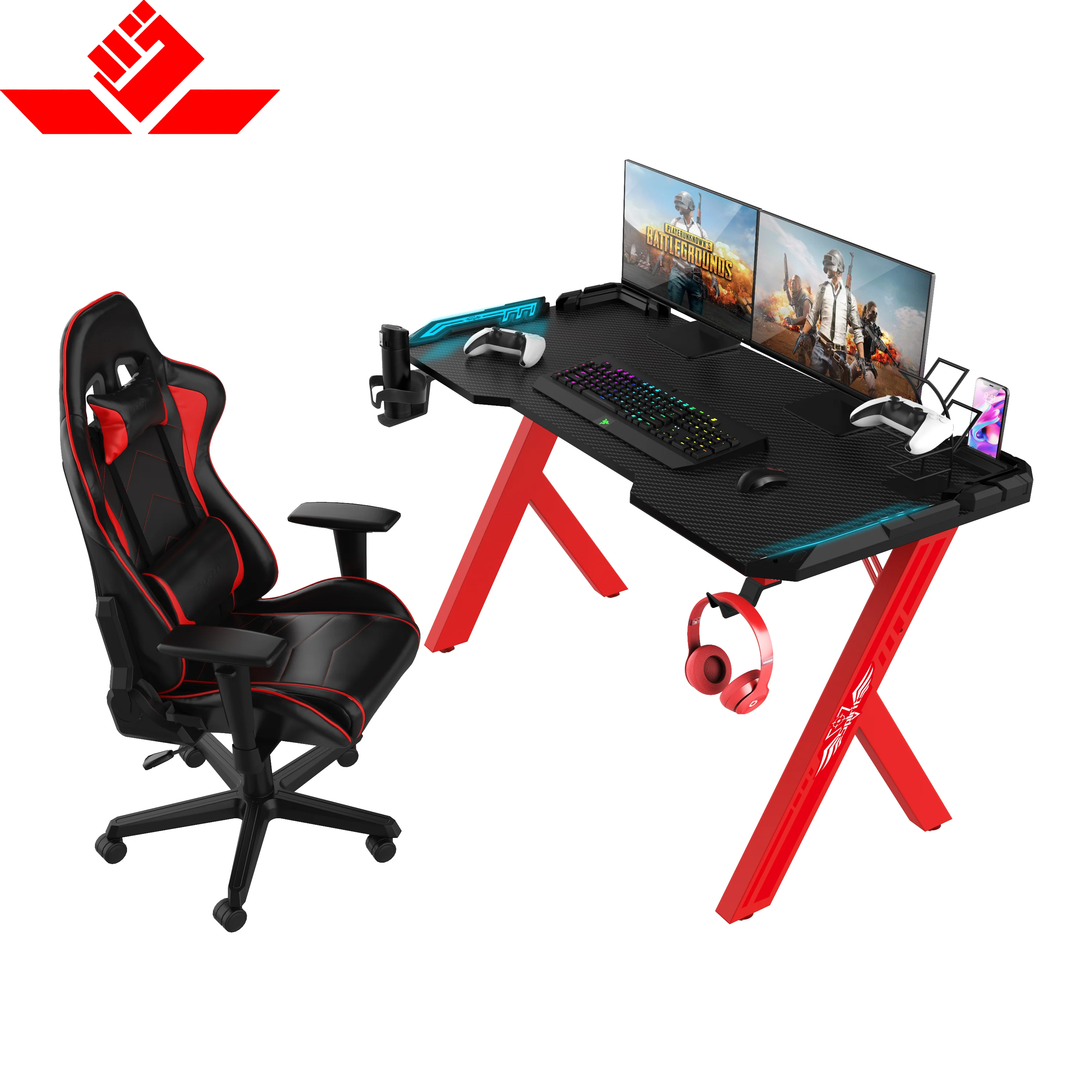 120 см заводская цена на заказ RGB светодиодный черный броня компьютерный игровой стол красная нога офисный Mesa Gamer