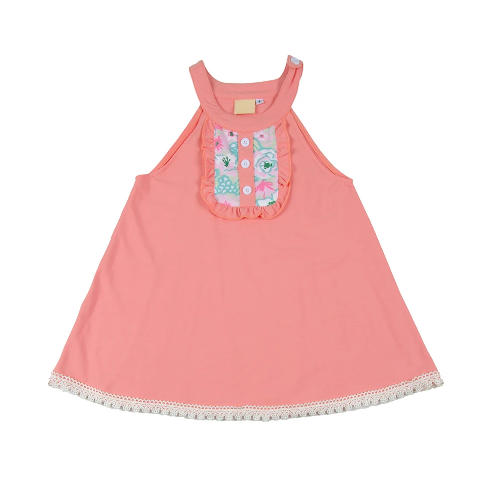 Customized kids girls boutique dresses halter neck ruffle floral printed panel bodice little girls tunic dress