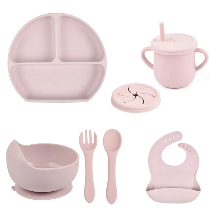 Manufacturing BPA Free 7PCS Baby Eating Set Bowl Plate Baby Dinnerware Weaning Silicone Feeding Set For Baby Girl