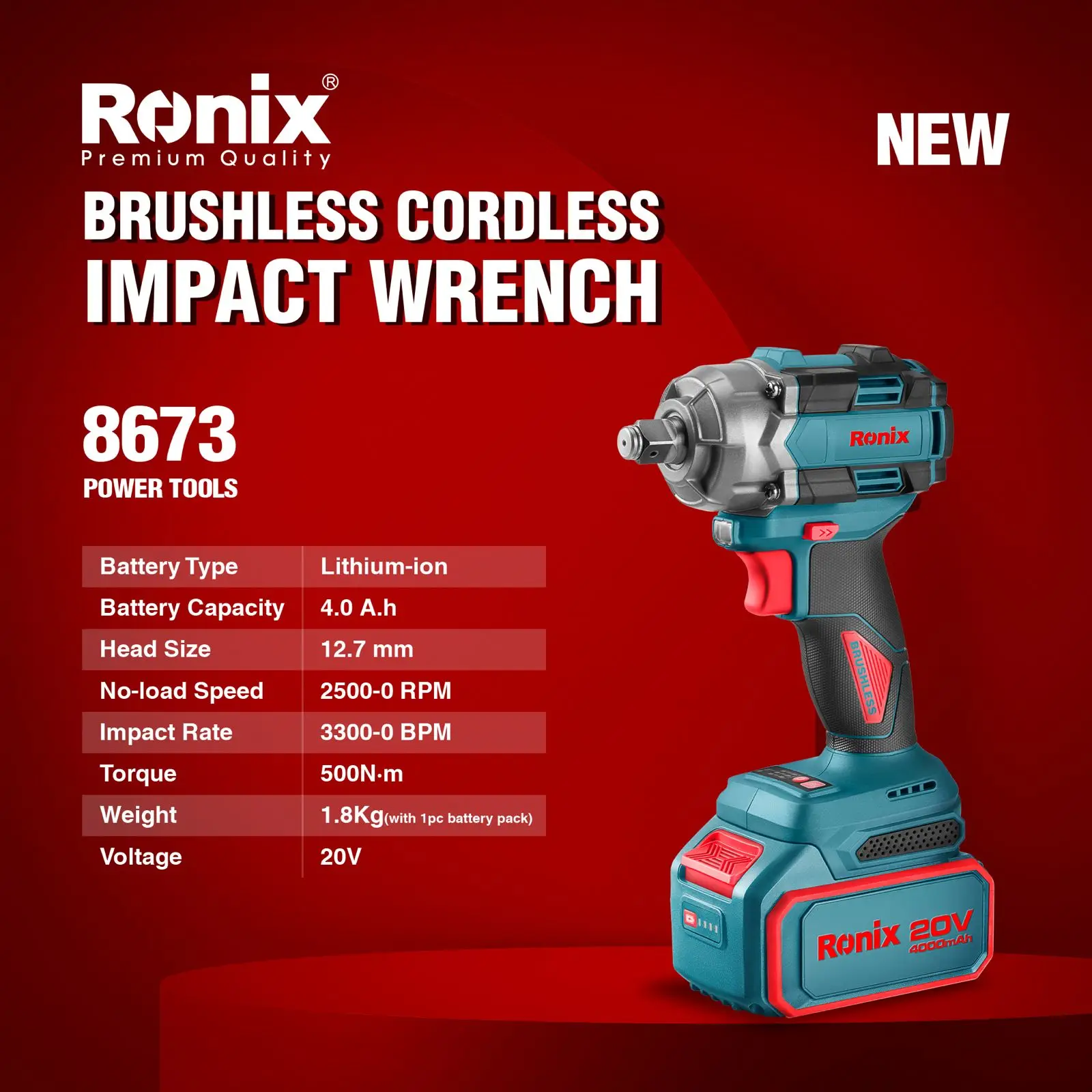 Ronix 8673 Model 20V 4AH 500N.M 1/2 Inch Cordless Impact Wrench with Brushless Motor Electric Wrench