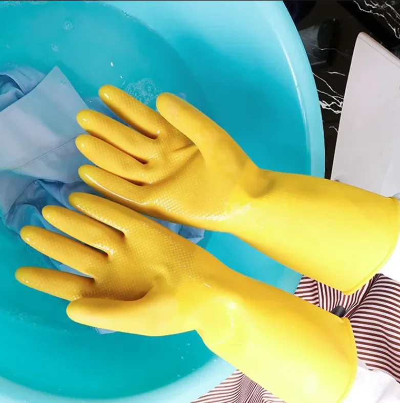 Household 100% Latex Food Grade Net Grip Flocklined Cleaning Kitchen Working Yellow Rubber Household Gloves