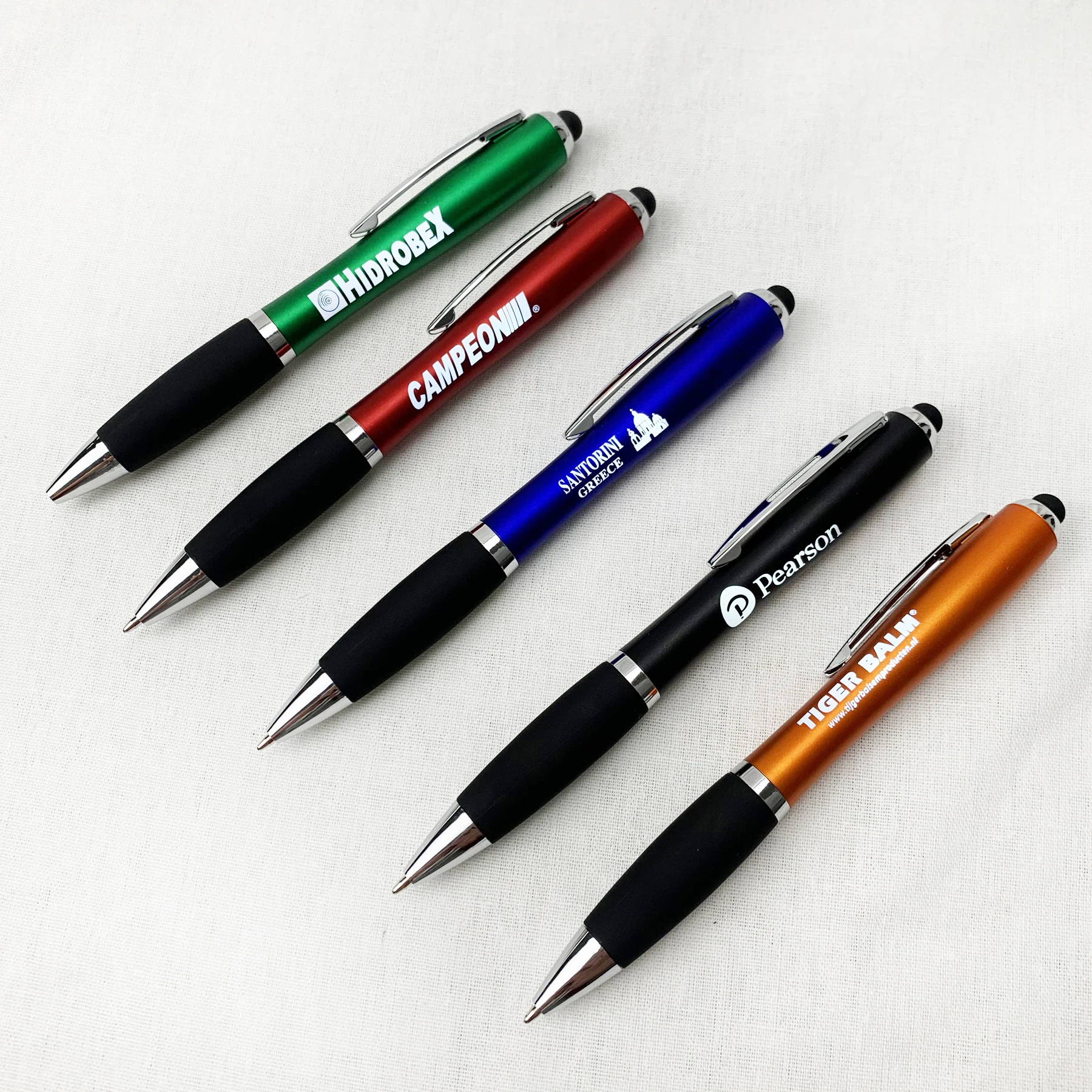 
T2505 factory low MOQ Laser engraved light-up Pens with stylus touch end for promotion or office giveaway 