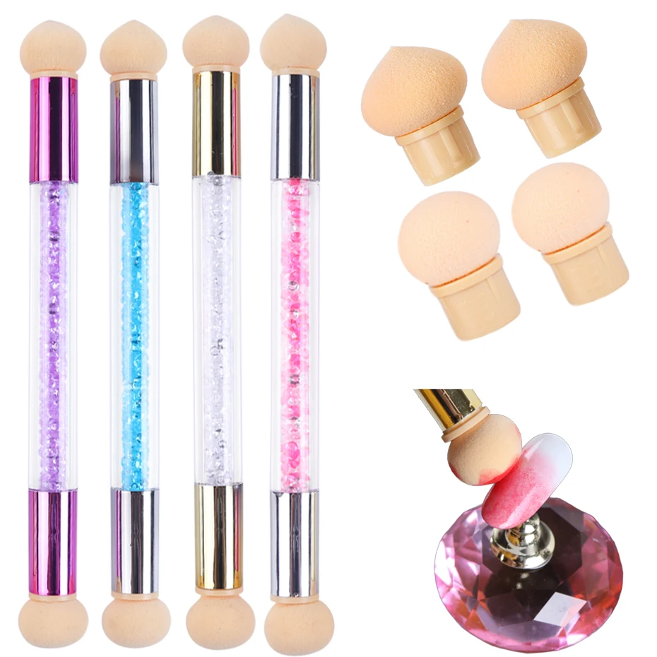 1pcs Double Head Nail Brush Mirror Glitter Handle Washable Nail Art Sponge Painting Dotting Powder Pen Manicure Equipmentent