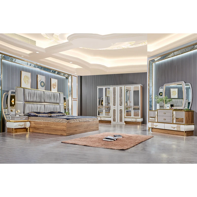 Classic Royal Wood Frame King Size Double Bed Set Modern Villa Home Wooden Mdf Queen Full King Size Bedroom Sets Furniture