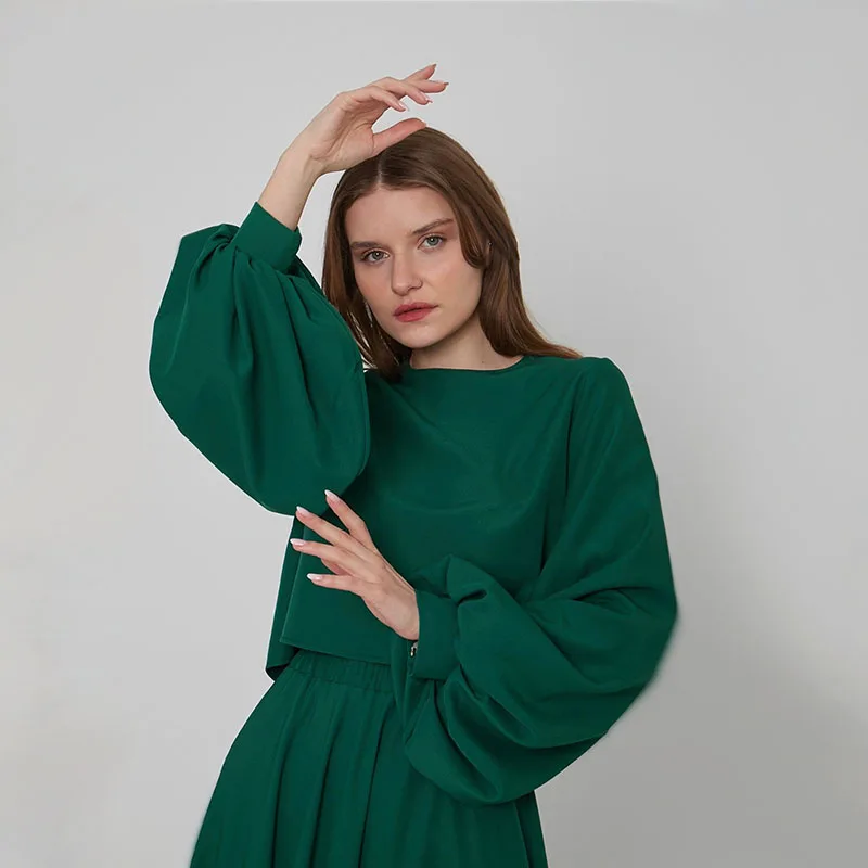 Custom islamic fashion long sleeve shirt trousers set muslim women loose prayer long 2 pieces set dress