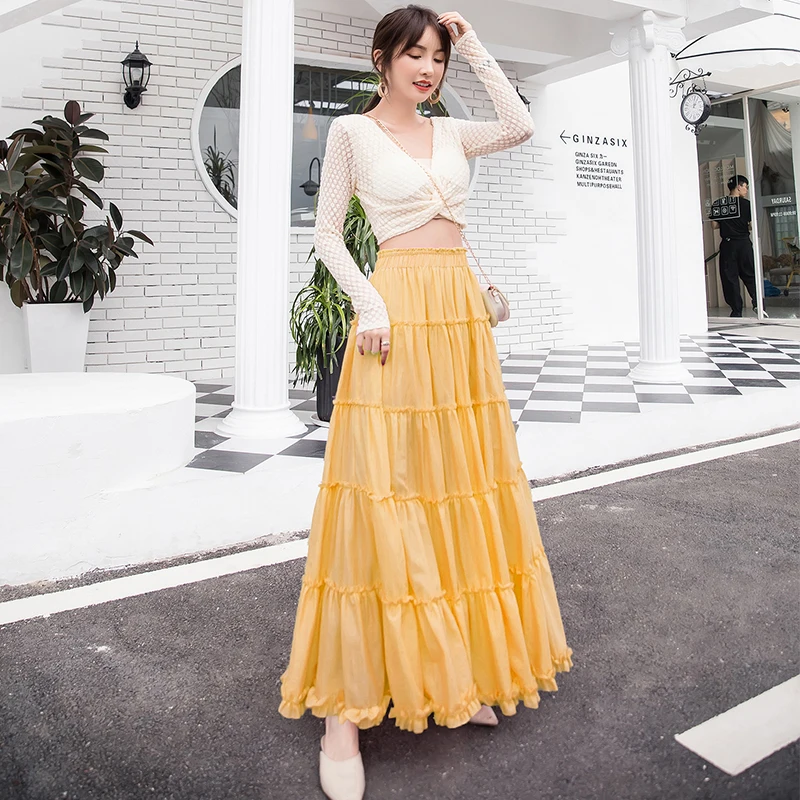 
Full Long Summer Flower Printed Chiffon Skirt 