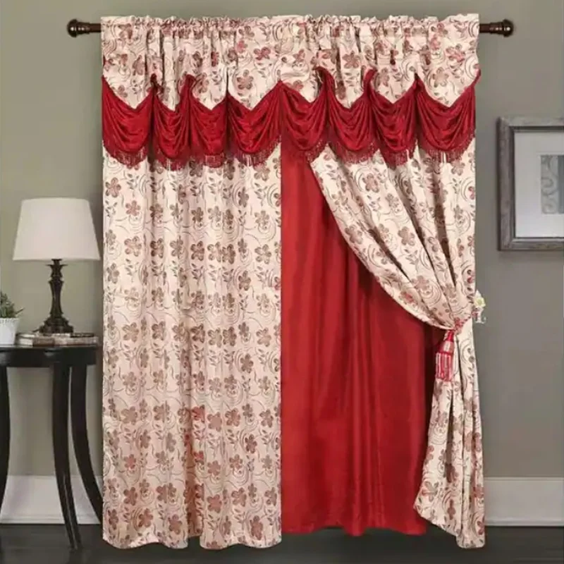 American Floral designs door curtain Ready made hot sale Double layer Jacqua valance curtains for home windows