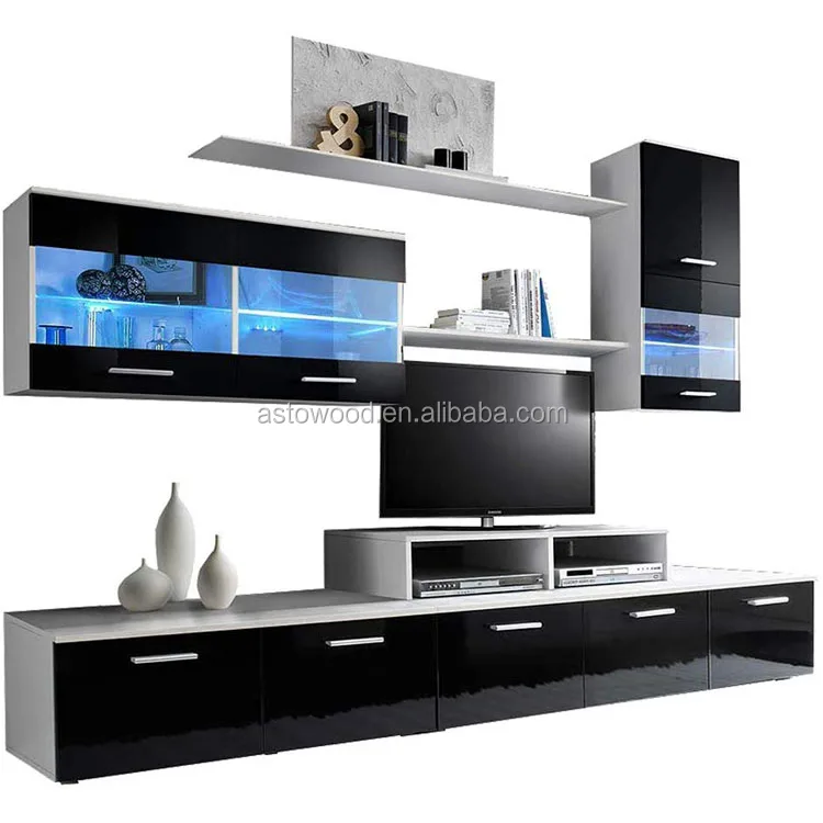 modern tv units cabinet home furniture wall set with LED Lights white body & Black Glossy Front