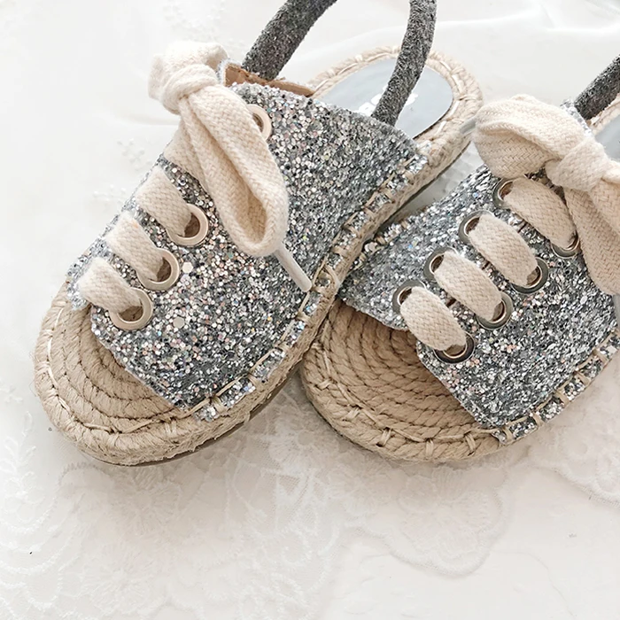 silver sparkling glitter leather beach custom made kids summer shoes slides