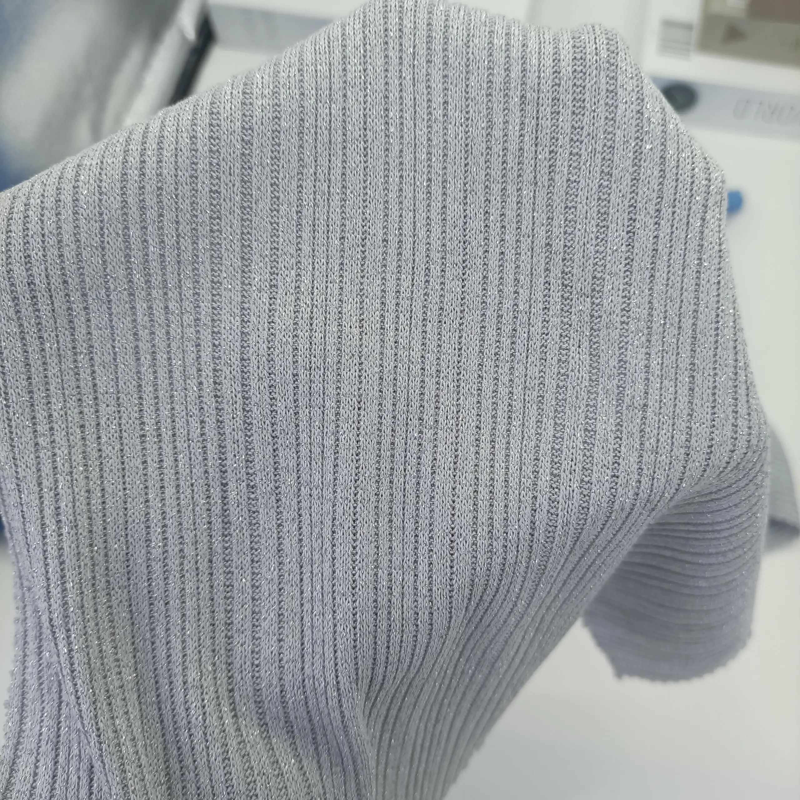 Custom Pattern 240Gsm 76 Polyester 11 Rayon 10 Metallic 3 Spandex Irregular Rib Knit Fabric Hacci Rib Fabric