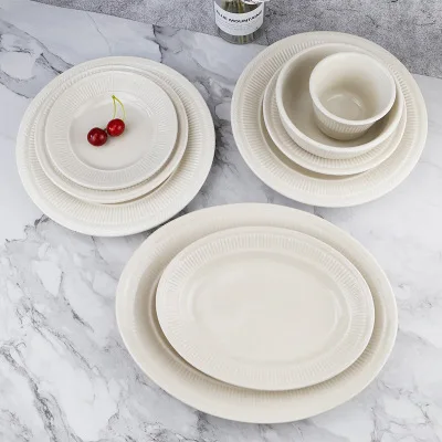 Tongguan kiln inherited crafts white relief stripe ceramic rice bowl cup soup plates dish saucer stoneware tableware