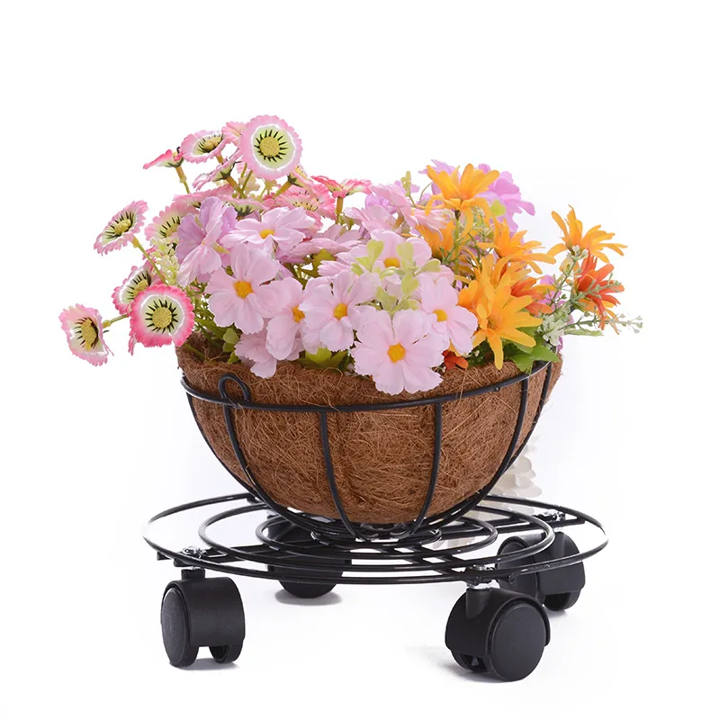 Natural coconut palm base iron frame making decoration high quality hanging rose flower basket