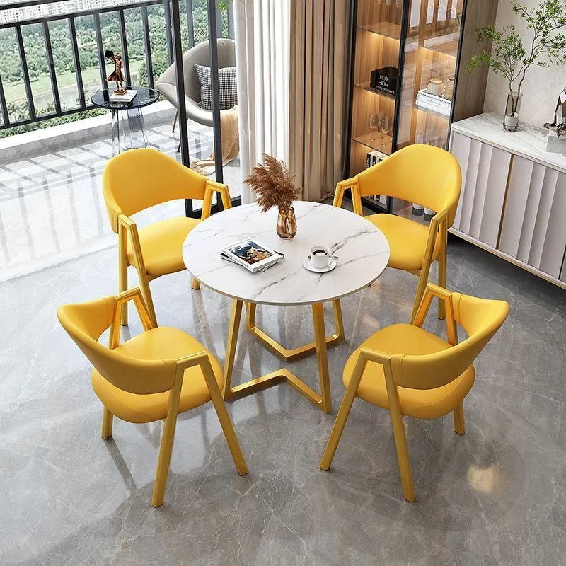 1desk 4 Chair Dining Room Set Hotel Furniture Restaurant Cafe Shop Leisure Reception Round Table Leather Chair