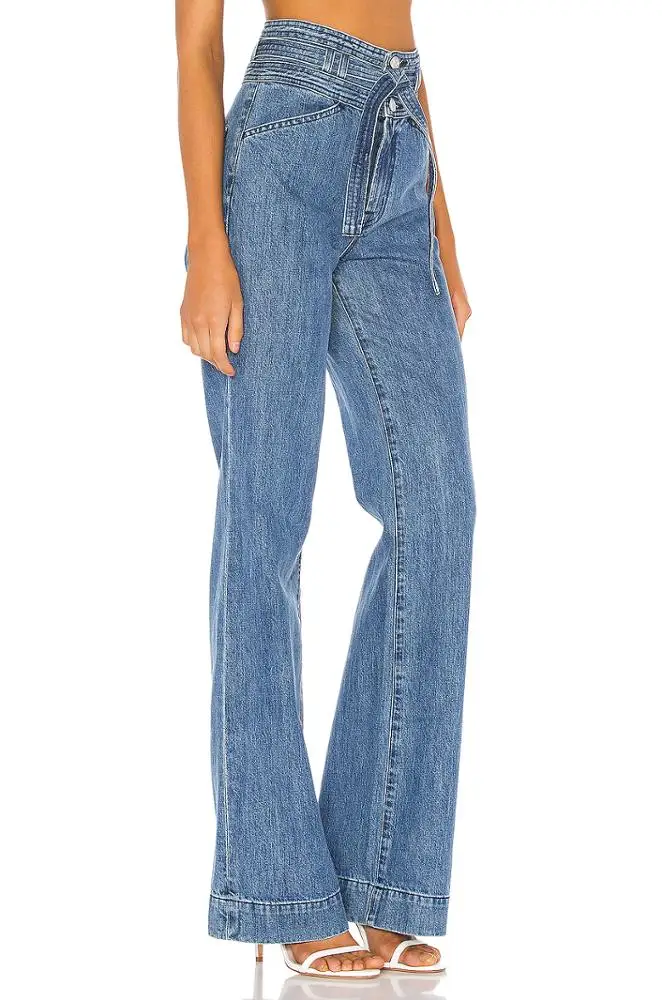 Fashion design high waist wide leg women denim baggy jeans with belt