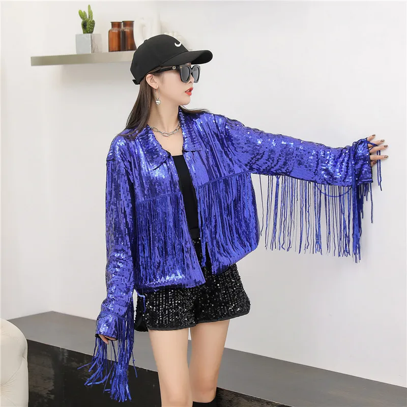 wholesale silver tassel hip hop Jazz Dance Costume coat fringed Sequin bomber Jacket