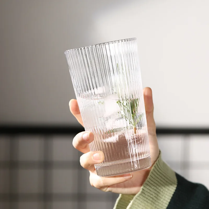 Factory Wholesale Ins 220ml 360ml Heat Resistant Clear Phnom Penh Vertical Stripes Water Glass Cup Milk Mug with Gold Rim