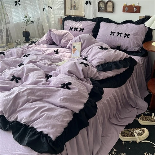 French Style Lace Bow Towel Embroidery Solid Color Washed Cotton Four Piece Set Bedding Set