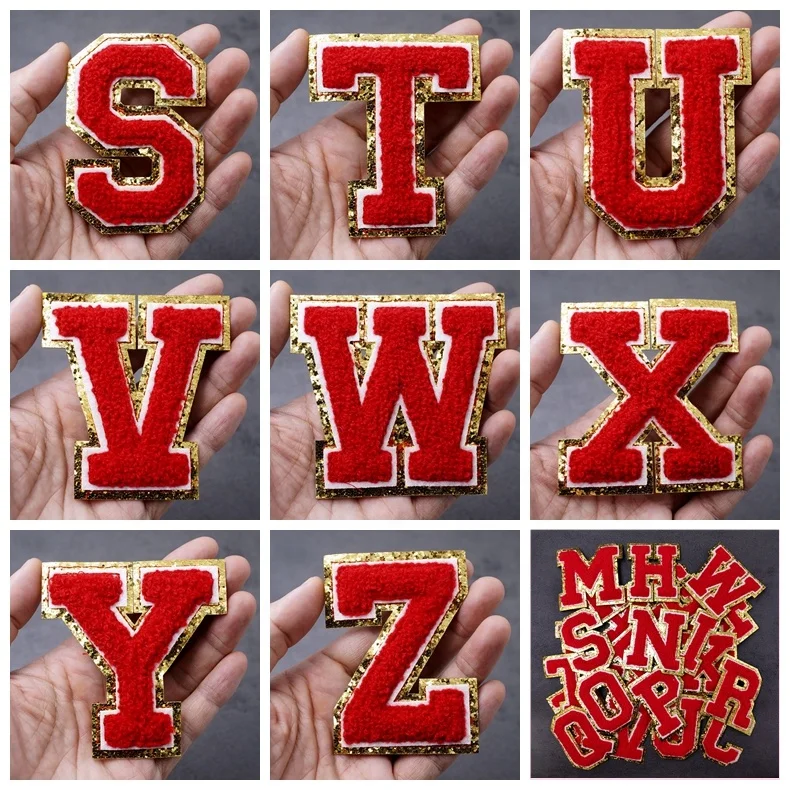 Fashion Style 8CM Height Chenille  Red  Glitter English Letters Iron on Patches For Clothing Letter Embroidery Clothes Applique