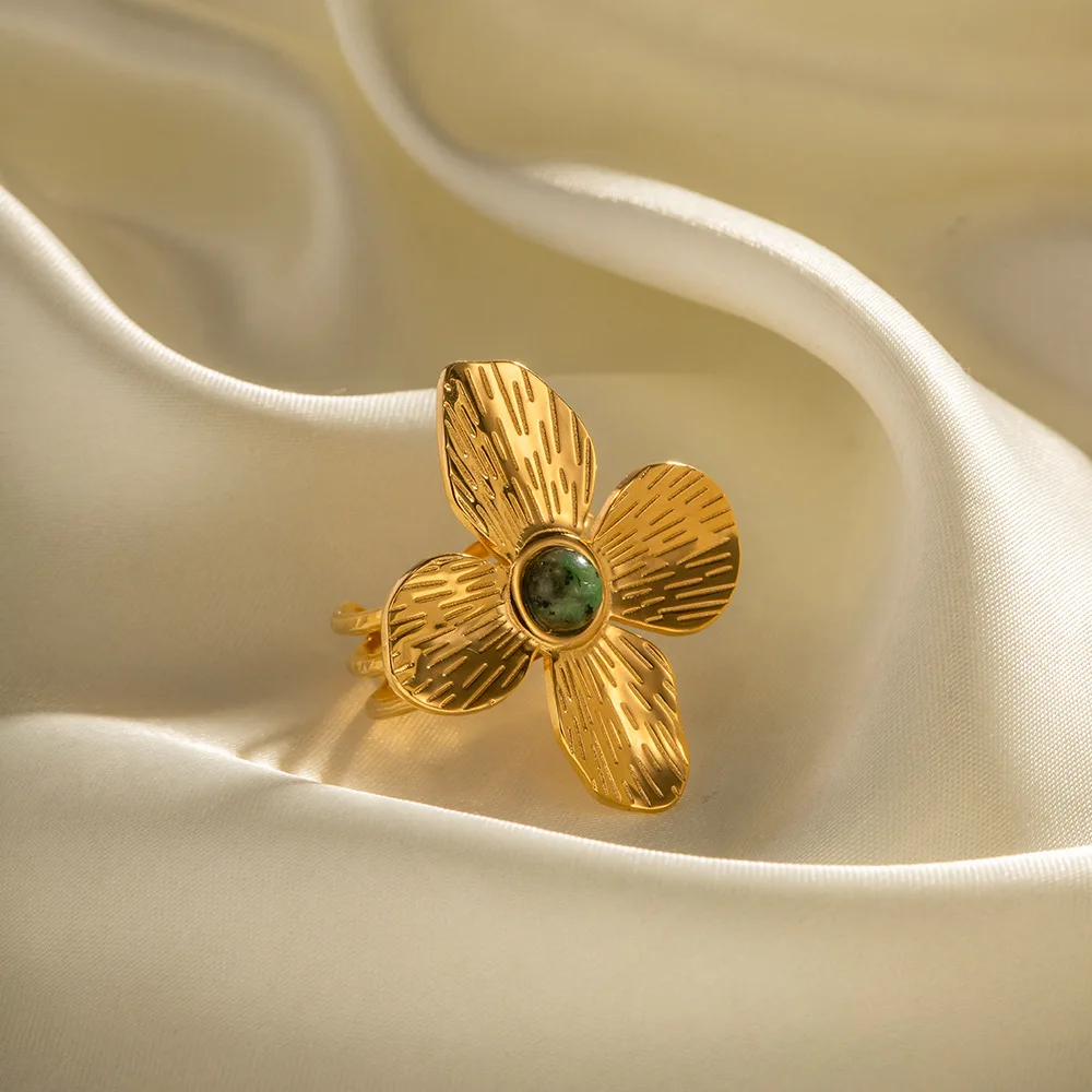 French court style matte four petal flower exaggerated inlay with African turquoise open ring