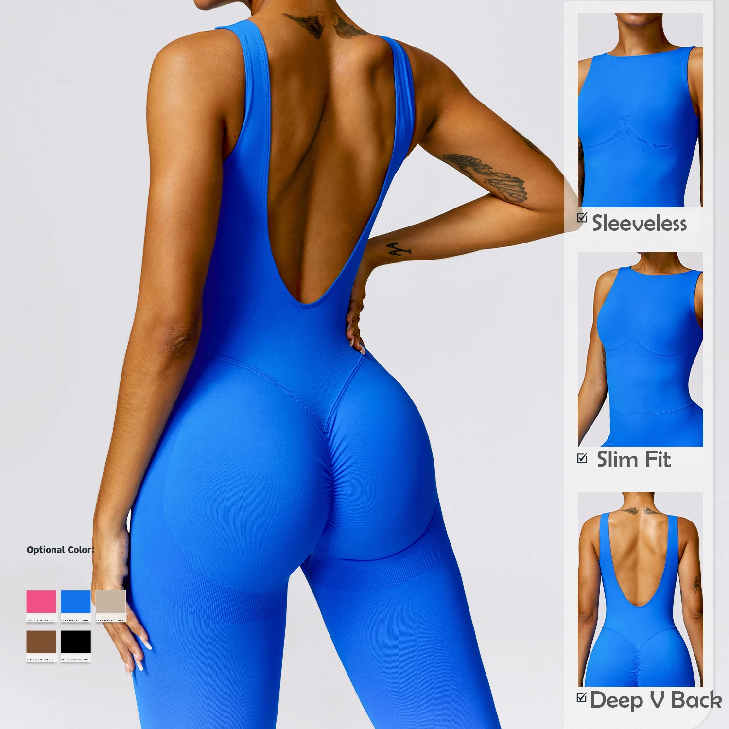 Fashion New Yoga Fitness Wear Seamless Deep V Back Gym Jumpsuits Female Sleeveless Scrunch Butt Yoga Bodysuit For Women