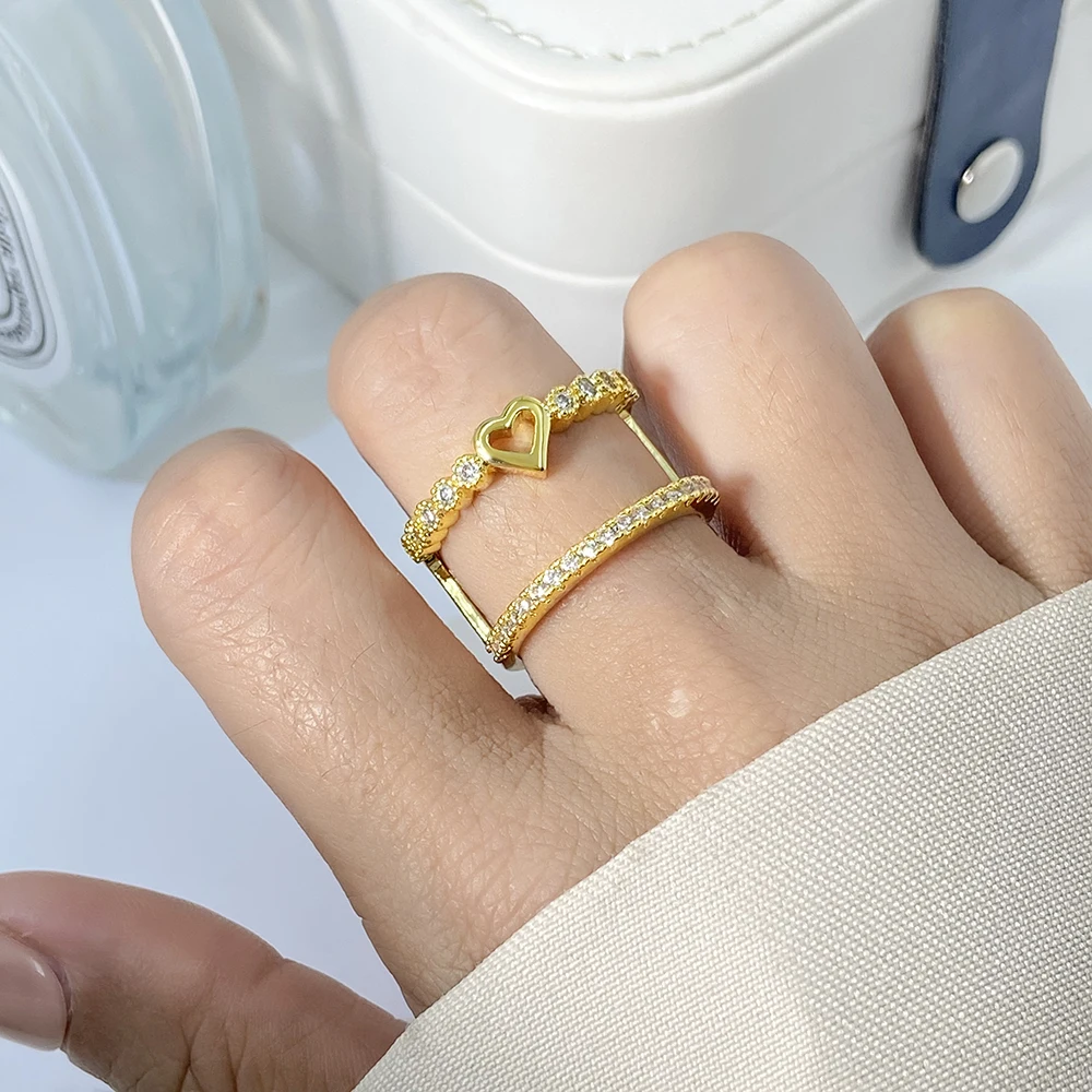 foxi Fashion trendy fashion jewelry cheap minimalist cute wholesale 2024 gold plated heart double ring