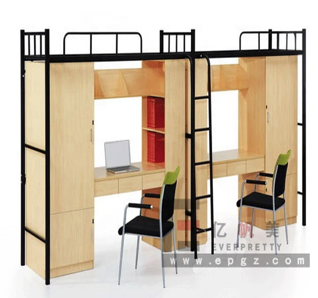 Metal Double Bunk Bed with Desk and Storage Cabinet