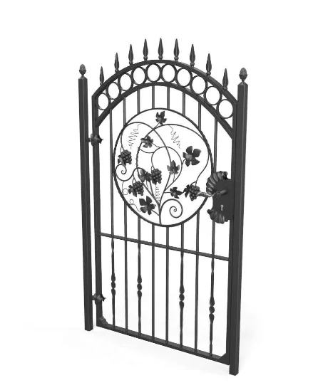 Tall wrought lron gate with lock and decorative panel