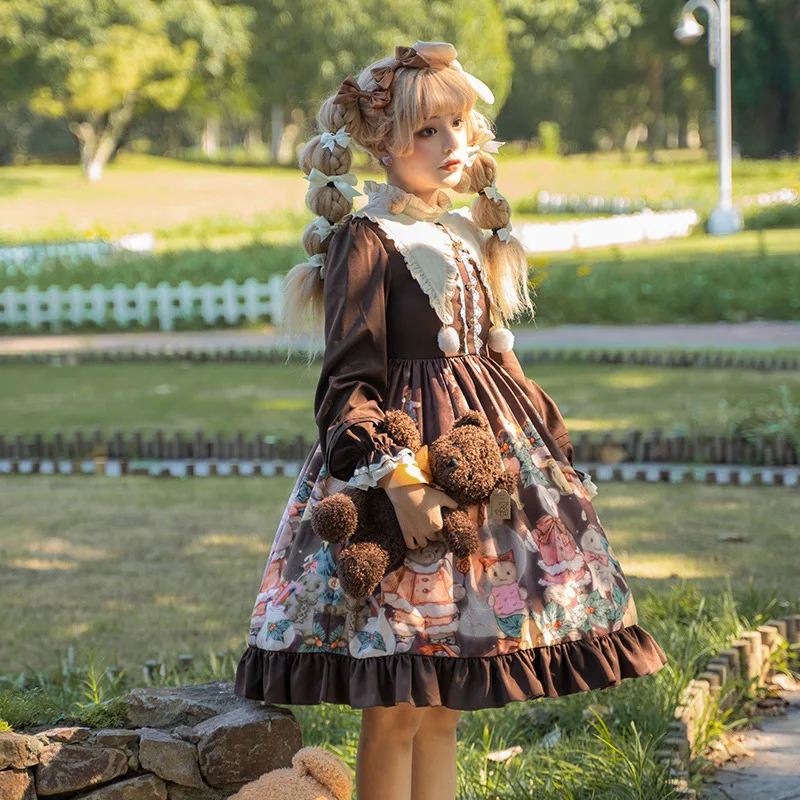 New Autumn and Winter New Original Design Cute Christmas Bear Printed Long Sleeved Sweet Op Lolita Dress for Girls