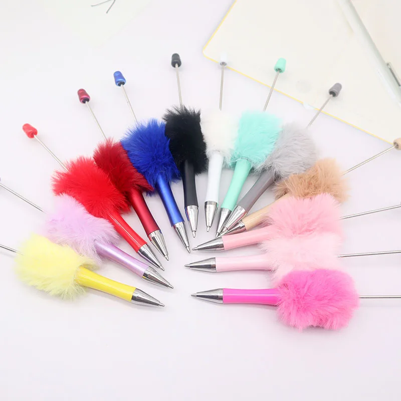 DIY colorful beadable pen  Cute Kawaii Pen Plush Fuzzy pompom as gift for girls and office Novelty pen