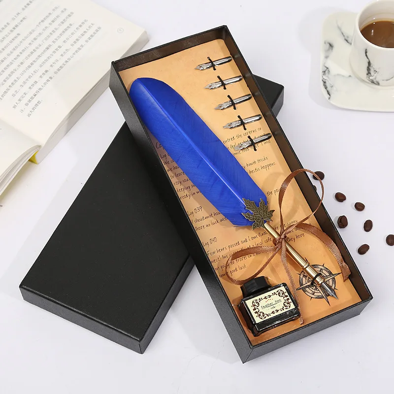 
Shearing leaf rod feather pen gift box student holiday gift stationery set retro dip pen send ink Pen 