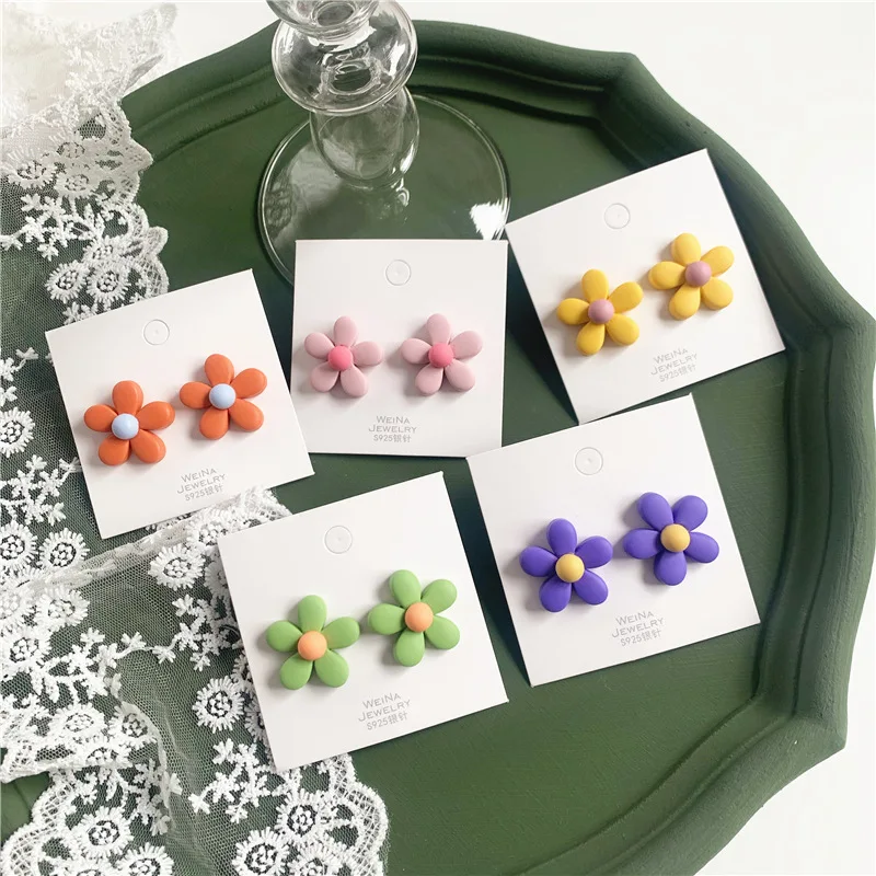 JUHU 2021 New ins colorful jewelry cute drops of oil acrylic earring lovely sweet little flower polymer clay earrings for girl