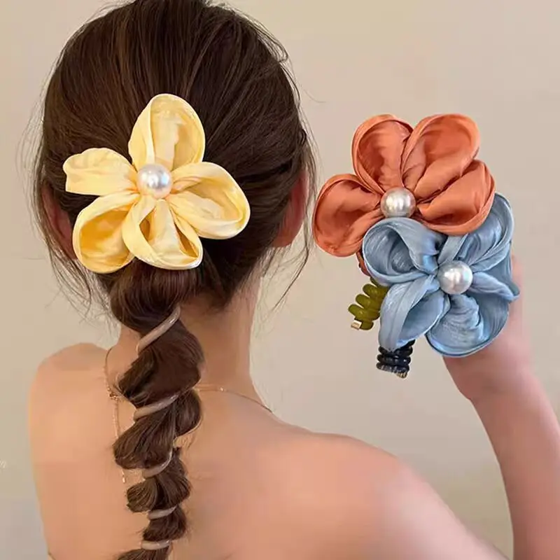 Elegant Big Floral Wire Line Elastic Hair Band With Pearl Women Plastic Hair Ties Wholesale Accessories