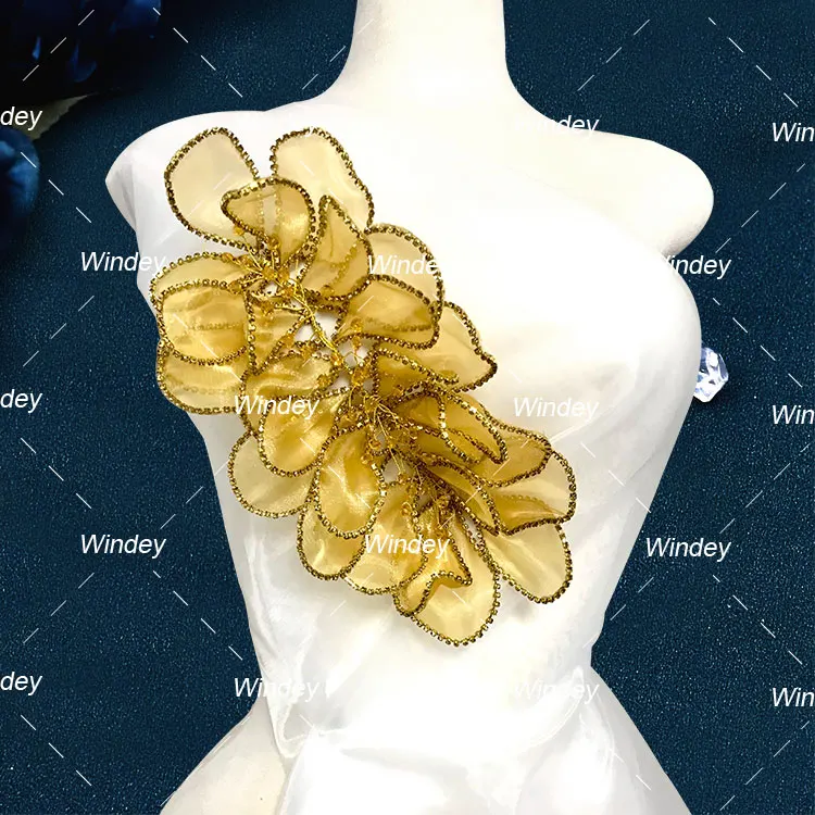 3D Floral Wire Top Quality Colorful Sparkly Patch Wedding Dress Rhinestone Applique Bodice Fabric For Women Clothing
